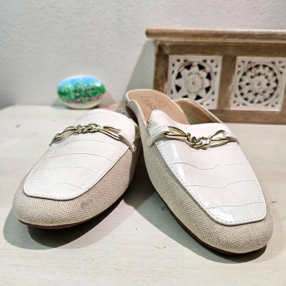 NATURALIZER Womens Sz 7.5 Kayden Linen White Mule Clog Padded Flat Comfort Shoes - Picture 1 of 10